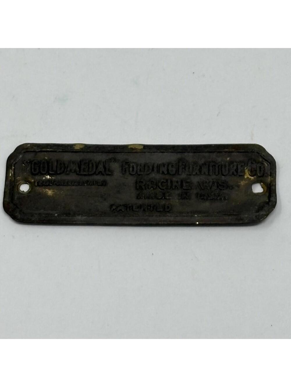 Antique Gold Medal Folding Furniture Co. Brass Tag Plaque Racine WI USA Salvaged